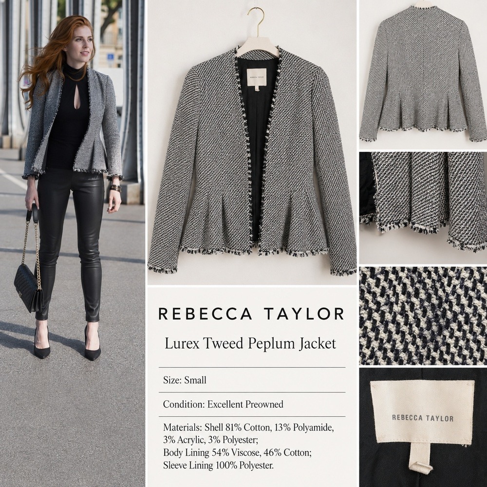 Rebecca Taylor Lurex Tweed Peplum Jacket Small Black White Fringe - Picture 2 of 8